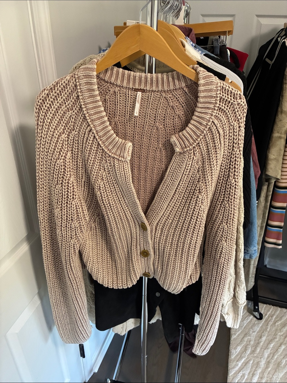 Free People Chunky Knit Button Cardigan in Light Taupe